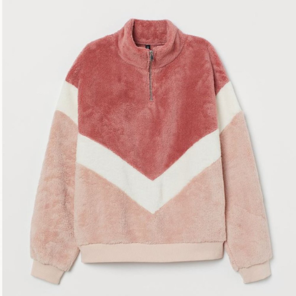 H&M Faux Shearling Half-Zip Sweatshirt - Pink - S